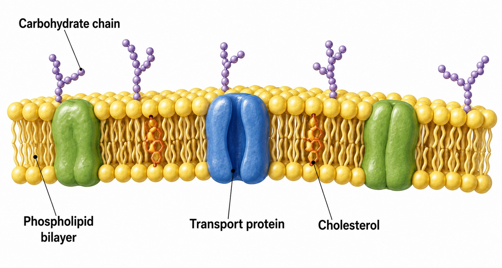 Phospholipid bilayer with embedded proteins and cholesterol — the foundation of selective permeability.