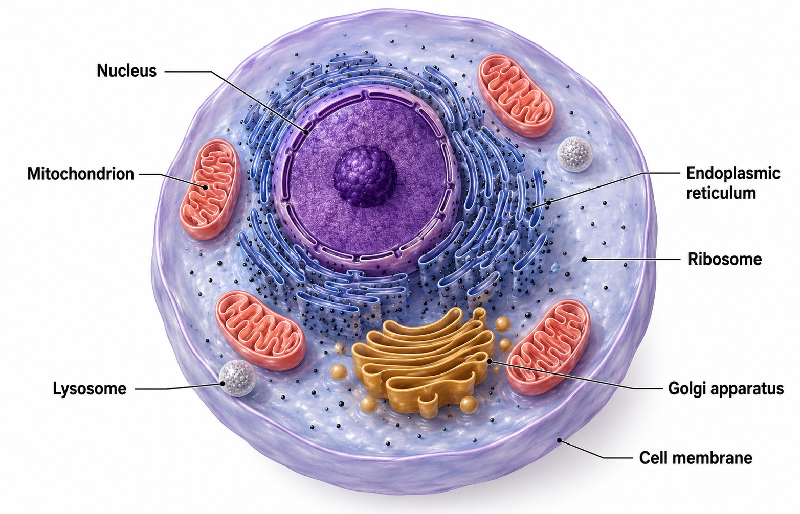 Animal cell with the seven core organelles labeled. Practice identifying each by its visual signature, not by position.