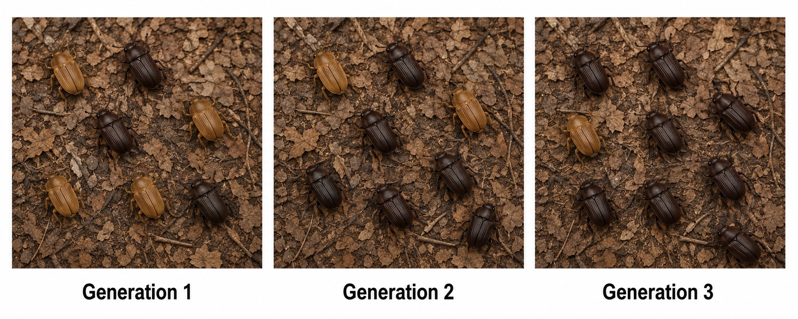 Across three generations, the dark-beetle frequency rises. That's natural selection in action — no labels needed.